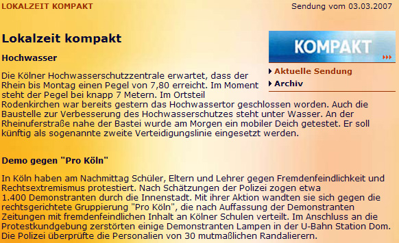 WDR Lokalzeit Bericht über Schüler gegen Rechts Demonstration am 03.03.2007